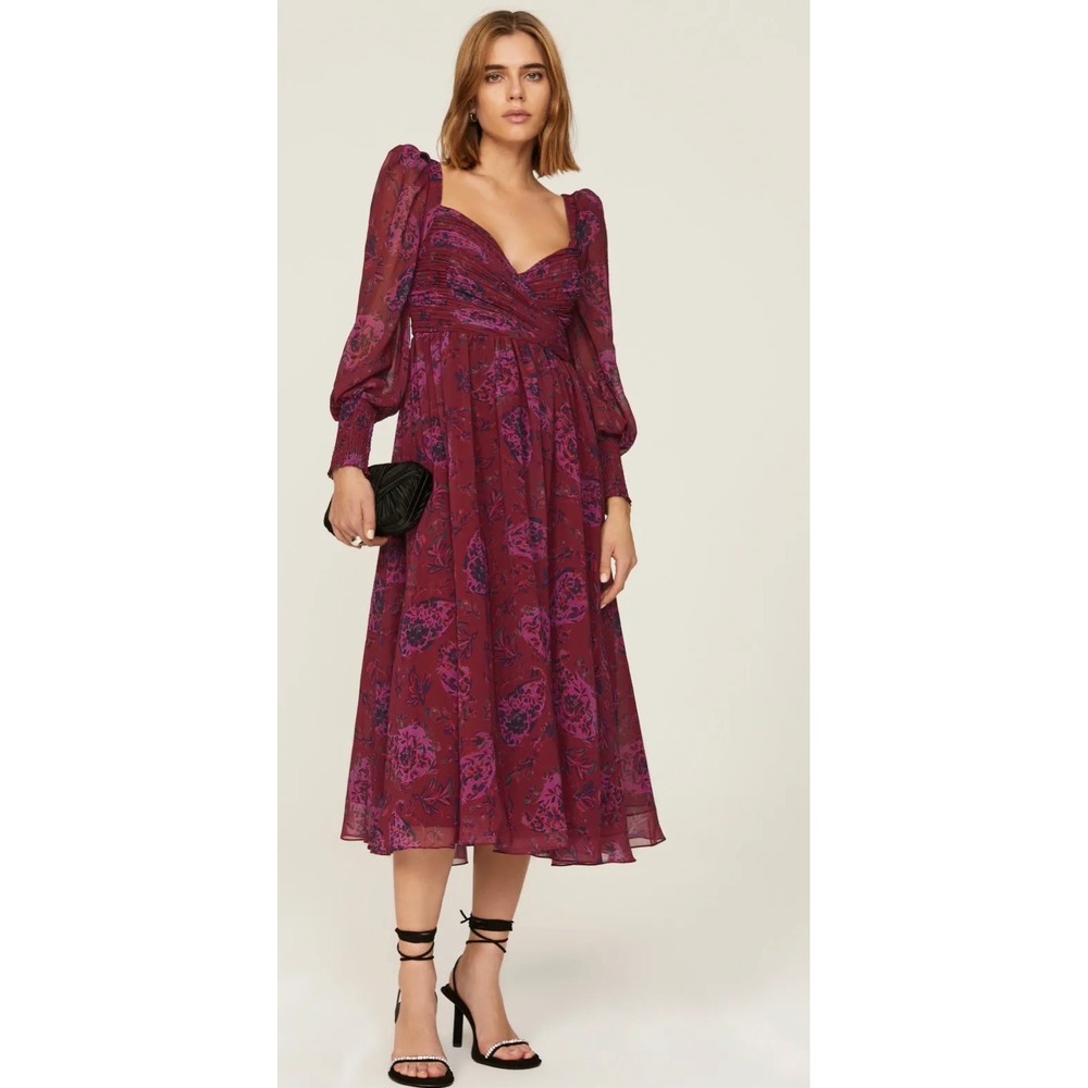 Badgley Mischka Floral Paisley Ruched Midi Dress Burgundy Red Size 2